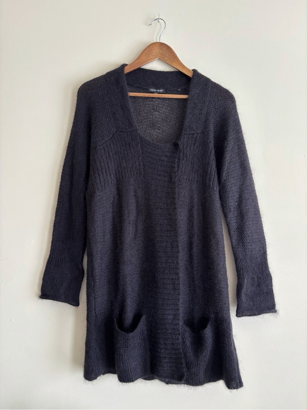Eileen Fisher Black Mohair Wool Longline Cardigan Sweater Medium